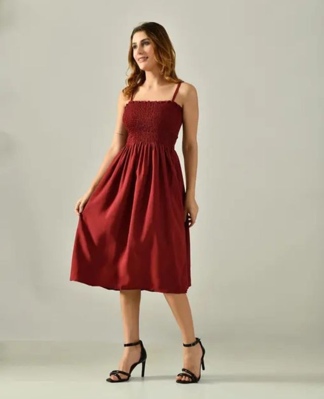 Wine Red Smocked Bodice Spaghetti Strap Midi