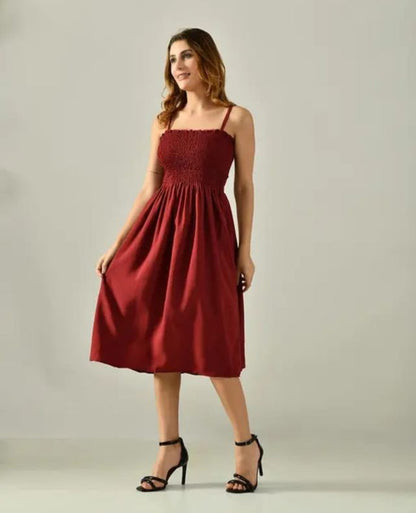 Wine Red Smocked Bodice Spaghetti Strap Midi