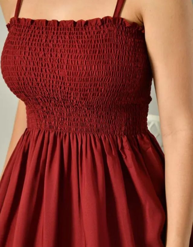 Wine Red Smocked Bodice Spaghetti Strap Midi