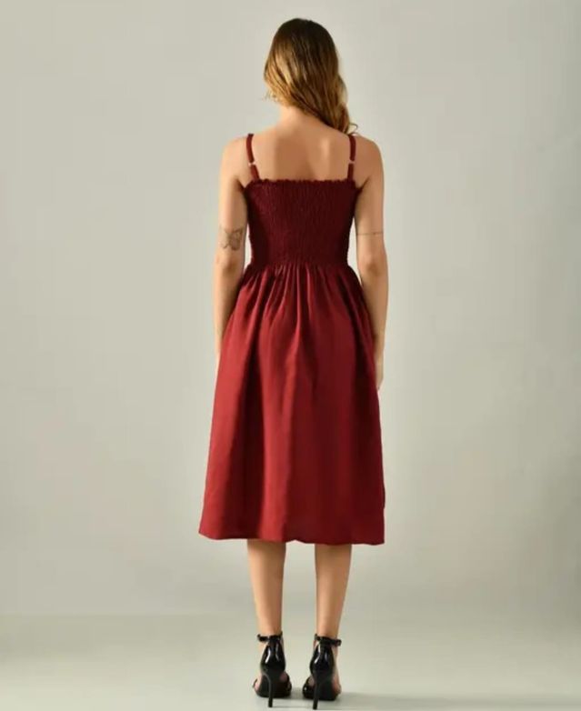 Wine Red Smocked Bodice Spaghetti Strap Midi