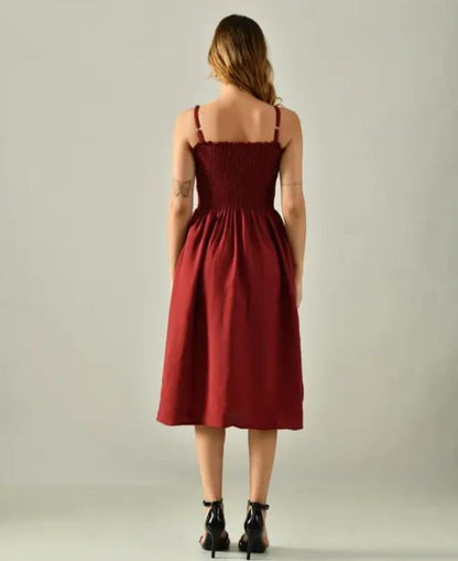 Wine Red Smocked Bodice Spaghetti Strap Midi